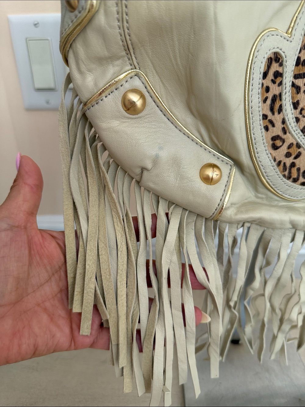 Betsey Johnson Cream Fringe Shoulder Bag with Leopard Rose Cutout - Picture 3 of 7